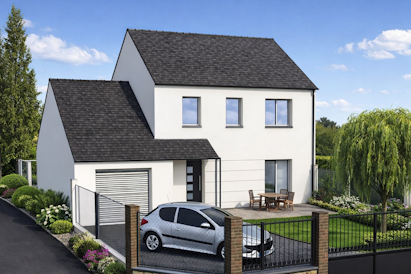 Maison contemporaine à étage avec garage intégré, toiture en tuiles anthracite, façade blanche et jardin paysager clôturé.